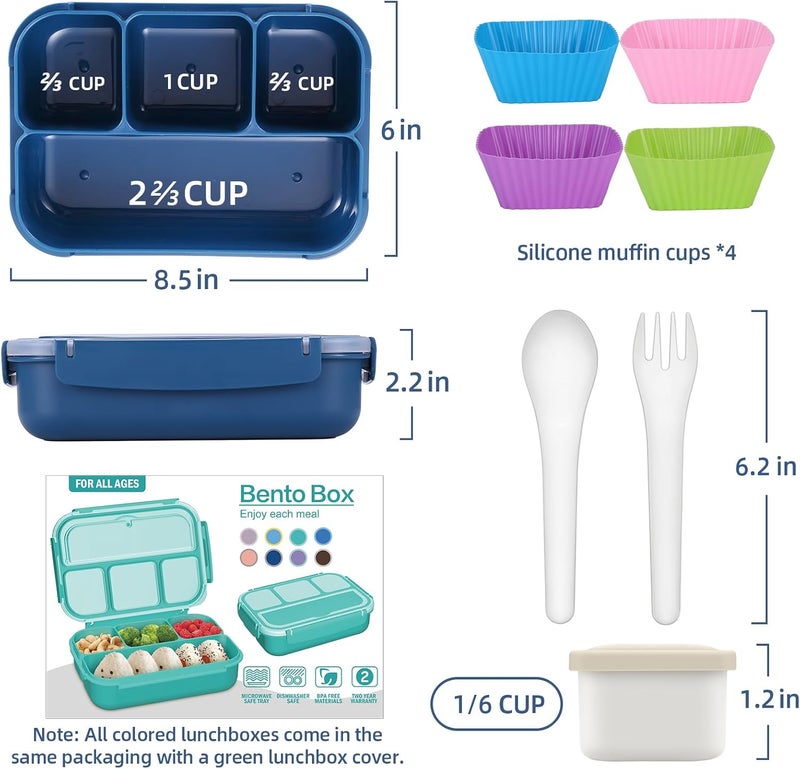 QQKO Bento Box Adult Lunch Box, Lunch Containers for Adults Men Women, Kids Lunch Boxes for School with 4 Compartments, Sauce Container, Utensils and Muffin Cups, Navy - Image 2